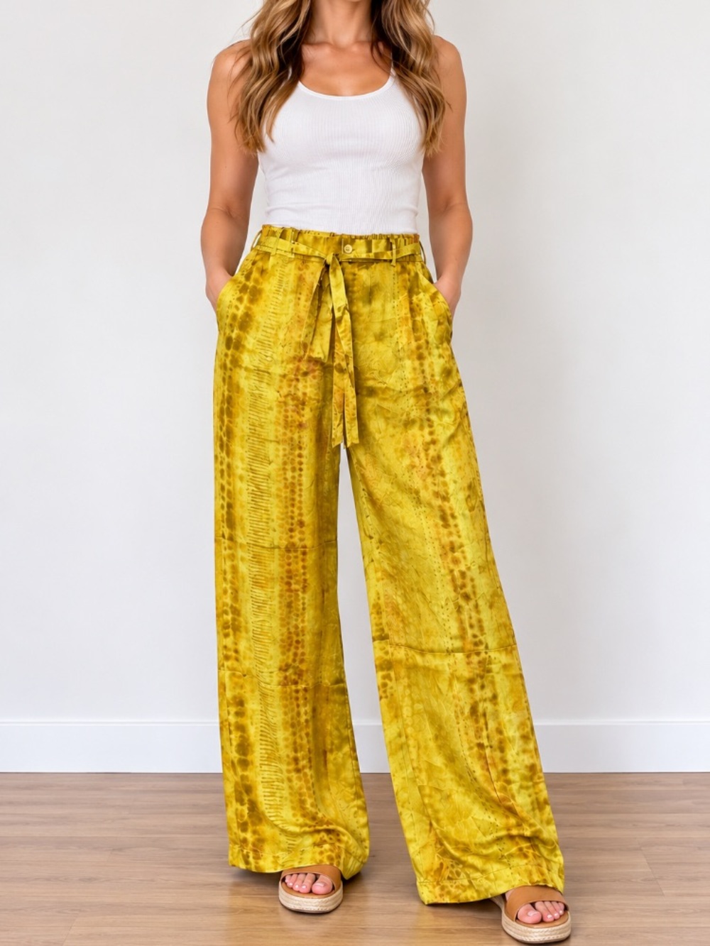 Zara 100%silk Wide Leg Tie-Waist Pants in Mustard Yellow